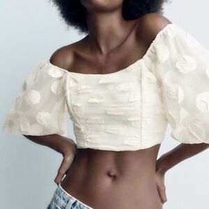 Zara Cream Textured Blouse with Puff Sleeves